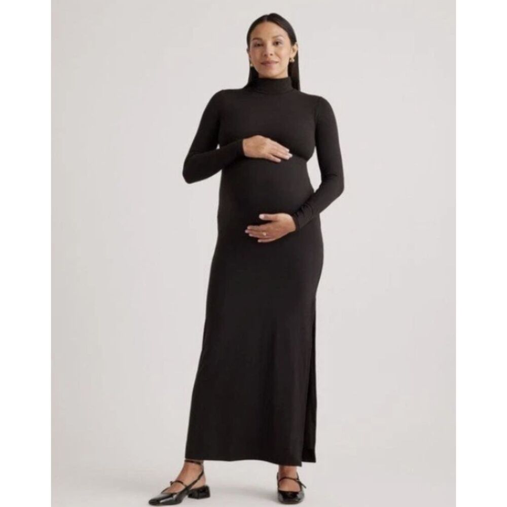 Quince Recycled Knit Maternity Mock Neck Maxi Dress Black Size L